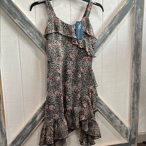 Leopard Print Kids Dress with Pink Floral Accents